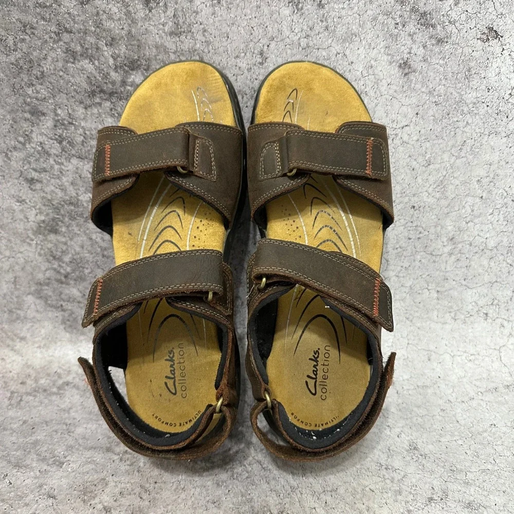 Clarks Hapsford Creek Sandals Mens 12 Brown Leather Hook Loop Straps Comfort